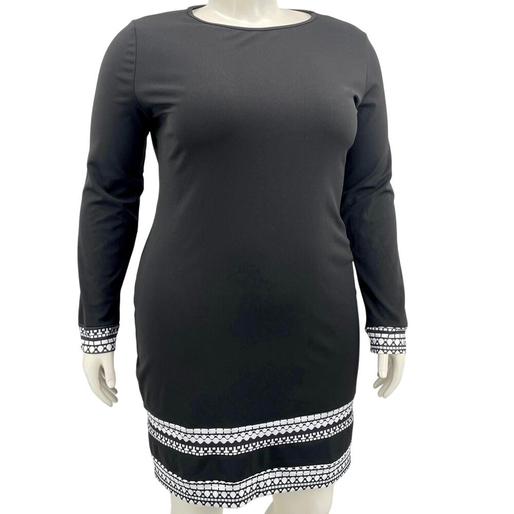 Womens Black Midi Shift Dress White Geometric Trim Cuffs & Hem LS Round Neck XL